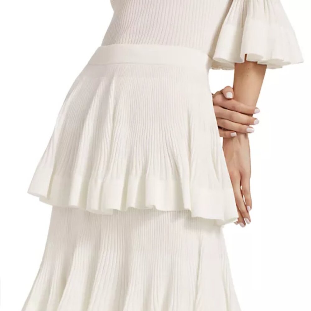 Zimmermann Cotton-Blend Rib-Knit Tiered Midi-Skirt Cream Size 2 (6-8) - Picture 5 of 14